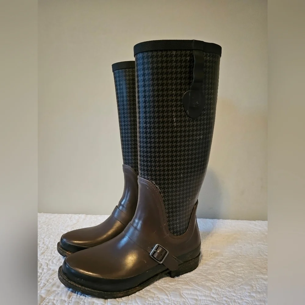 LL BEAN Wellie Tall, Black & Brown Houndstooth, Waterproof Rain Boots 9.5/10